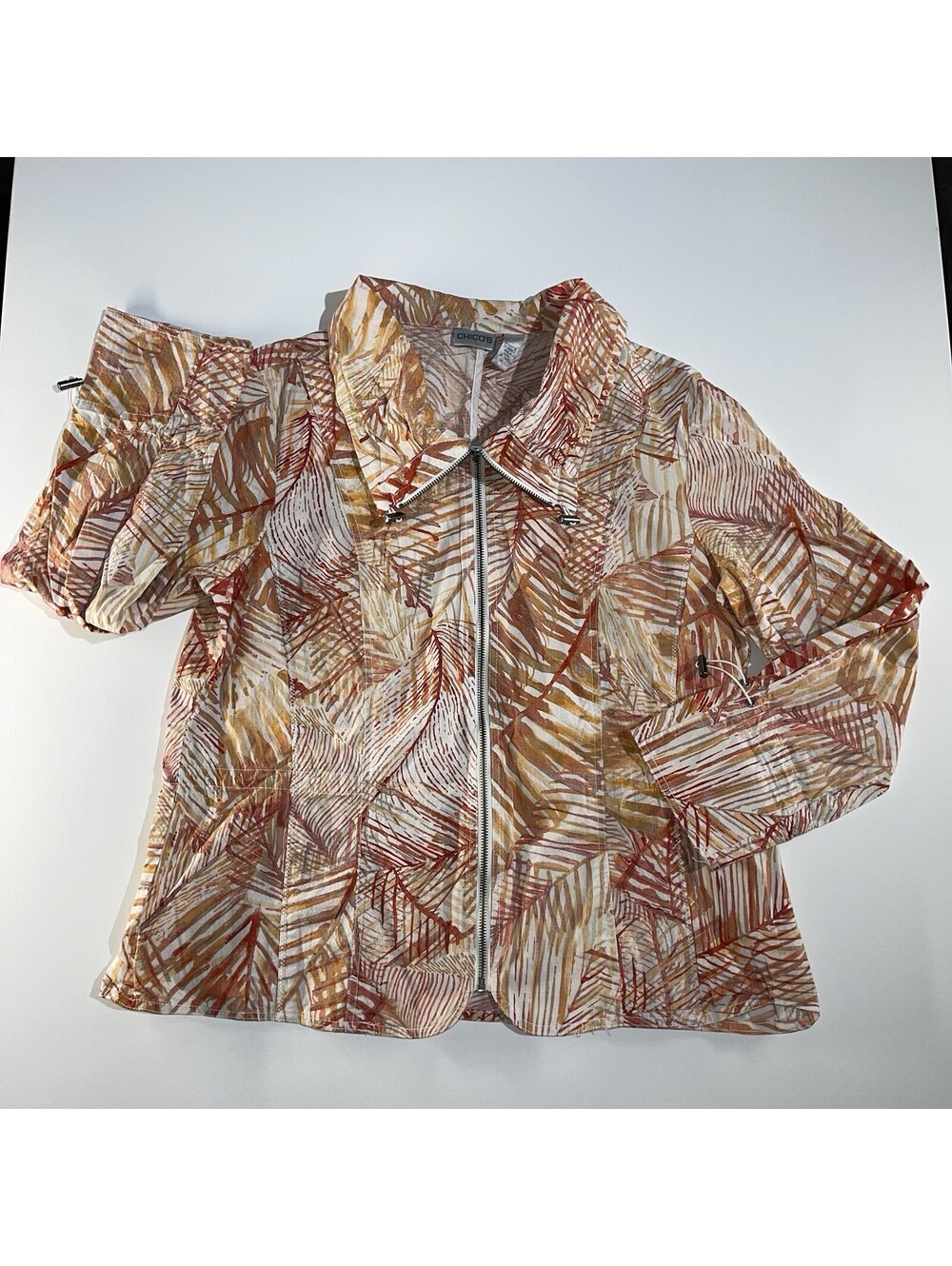 Chicoโs Zip Front Utility Jacket Orange Leaf Size 2 (L) Womenโs Patterned Artsy